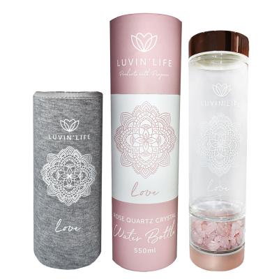 Luvin' Life Water Bottle Rose Quartz Crystals & Rose Gold 'Love' (Includes Sleeve) 550ml